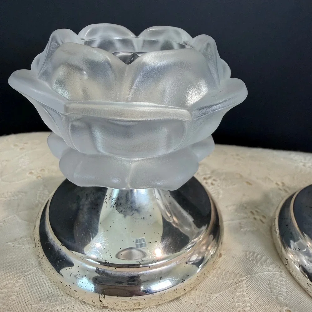 William Adams Frosted Rose Crystal Candle Holders Silverplate Base Vintage Set 2